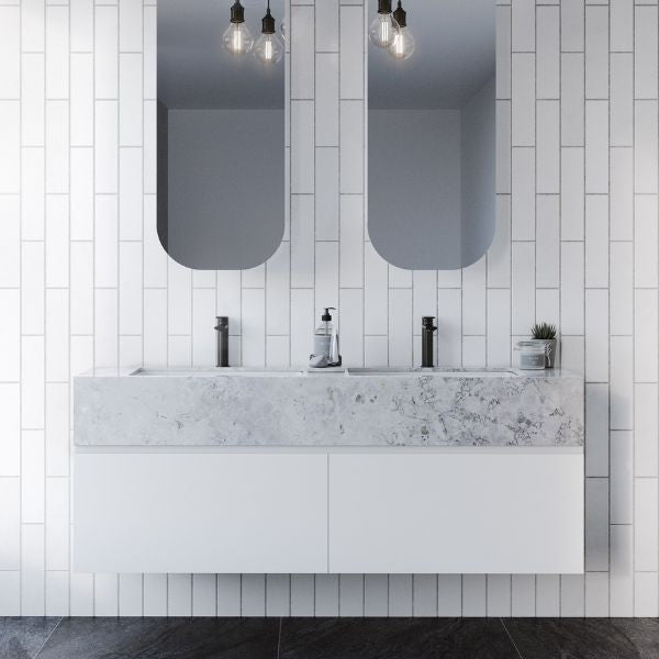 Timberline Kingsley 1500mm Double Wall Hung Vanity with 200mm Silksurface Box Top and Under Counter Basins in White Satin with Grigio Stone Top