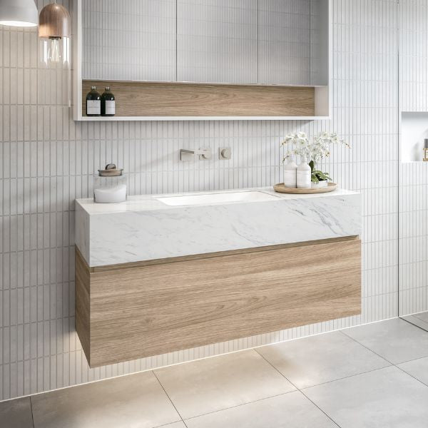 Timberline Kingsley 1200mm Wall Hung Basin with 200mm Silksurface Box Top and Under Counter Basin in Classic Oak with Bianco Pearl Top - The Blue Space