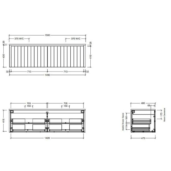 Timberline Saba Wall Hung Vanity Double Bowl With Under Counter Basin 1500mm Technical Drawing - Online at The Blue Space