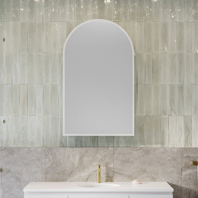 Timberline Church Frame Shaving Cabinet with Timberline white vanity and green subway tiles