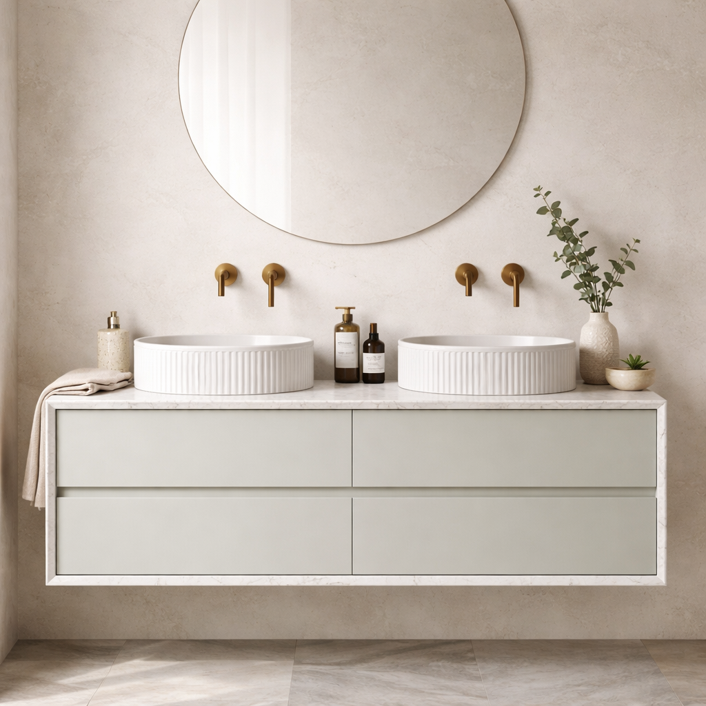 Cabinet: Timberline Embrace 1500mm Double Basin
Finish: Light Grey Satin
Benchtop: Silksurface Stratiss
Handles: Fingerpull
Basin: Oval Flute White Gloss
Shaving Cabinet: Timberline Ballad 1500