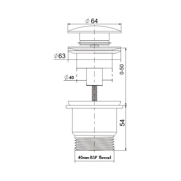 Technical Drawing - Turner Hastings Universal 32/40mm Two Piece Brass Pop-up Waste - White Ceramic