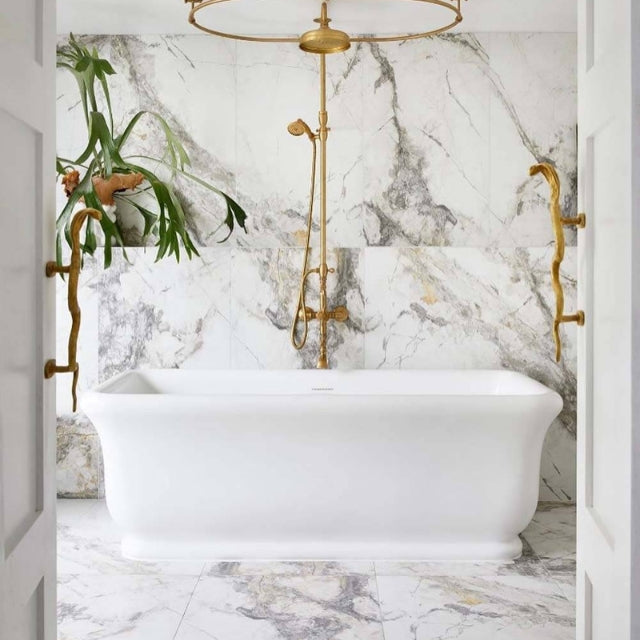Turner Hastings Kirkham 180 TitanCast Bath - Satin Silk in marble tile bathroom and gold tapware - Shop Heritage Baths at The Blue Space