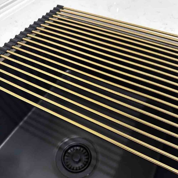 Turner Hastings Roll Up Sink Drainer in Brushed Brass on Black Sink. RM4332-BB at The Blue Space