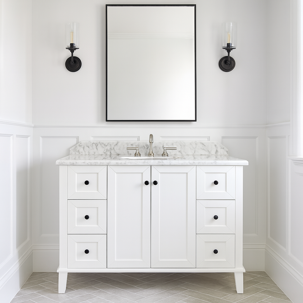 Turner Hastings Coventry 120 x 55 Single Bowl Vanity With White Marble Top in heritage style bathroom