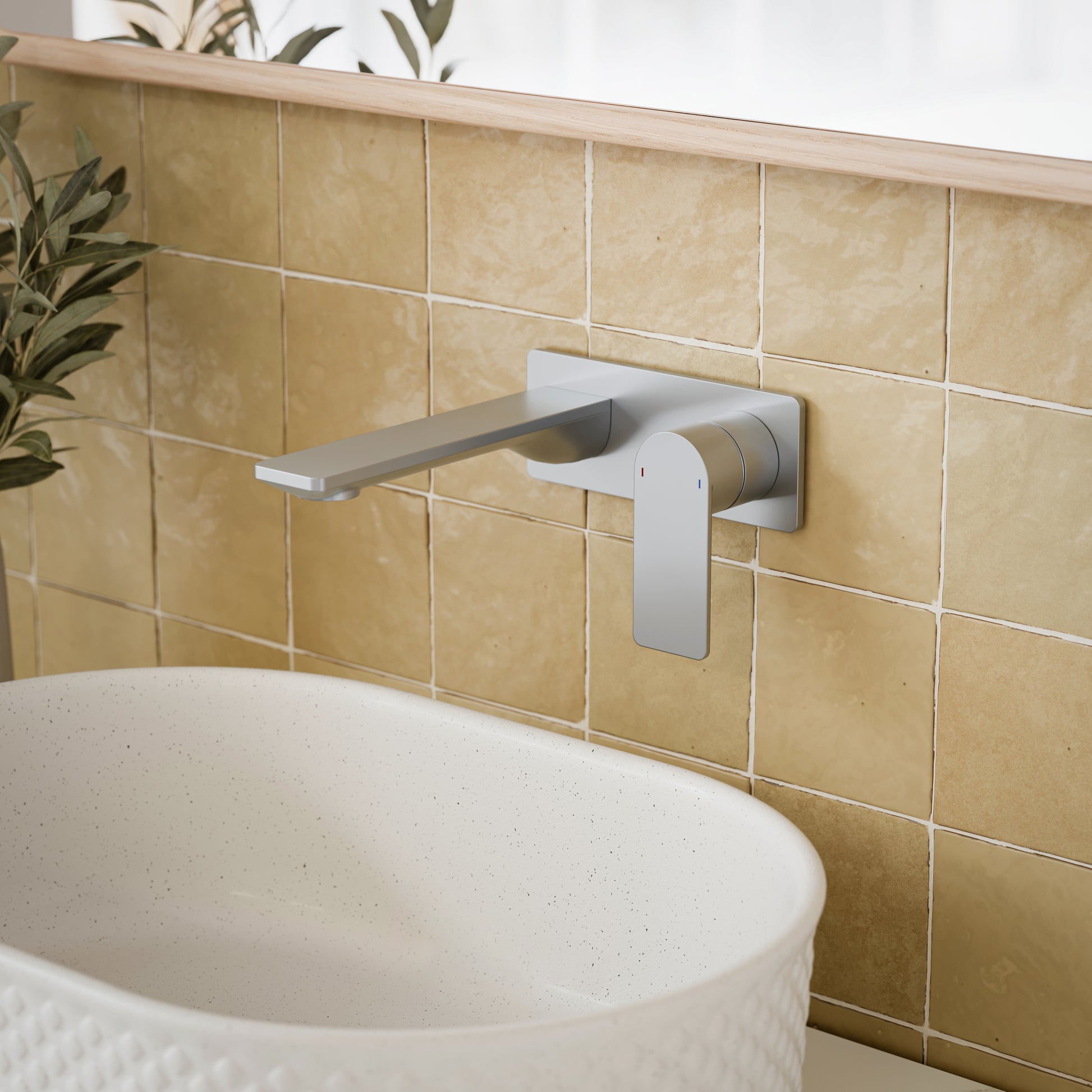 Caroma Urbane II 180mm Lead Free Wall Basin/Bath Mixer Rectangle Brushed Nickel