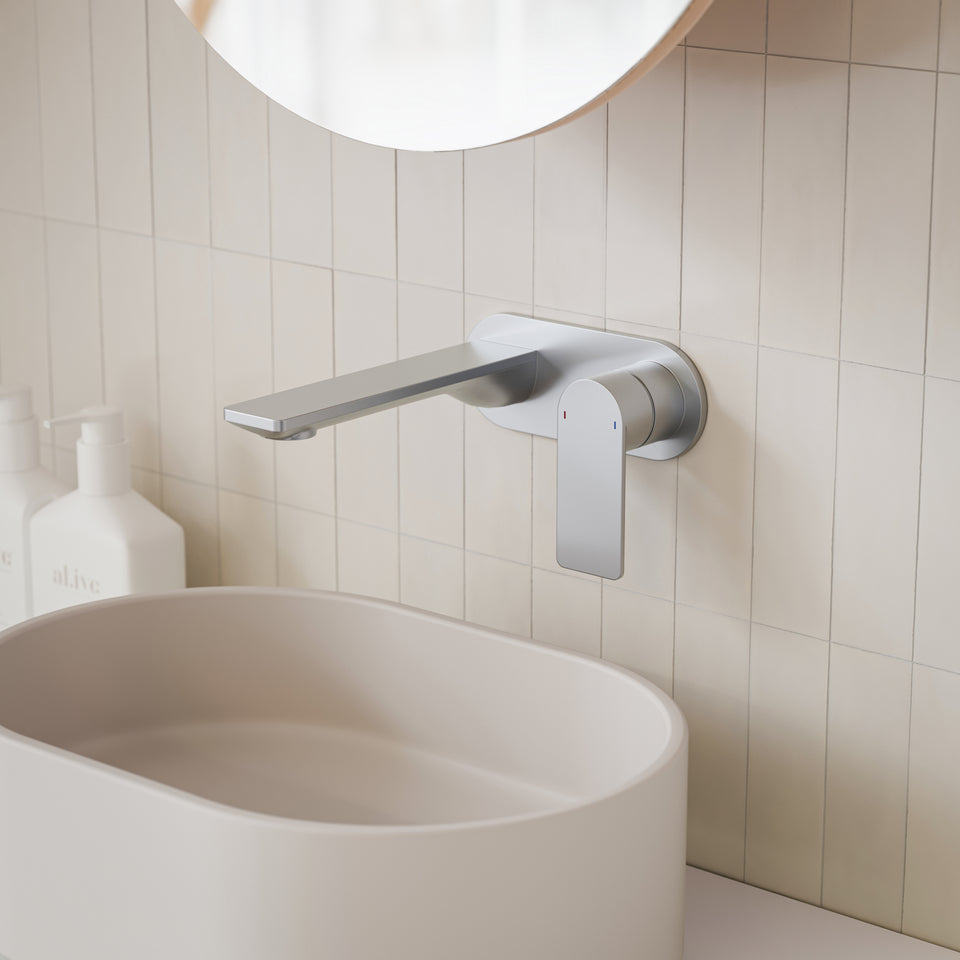 Caroma Urbane II 180mm Lead Free Wall Basin/Bath Mixer Round Brushed Nickel