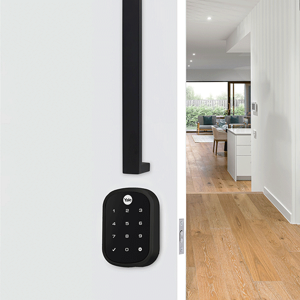 Lockwood Yale Assure SL Electronic Digital Deadbolt Matt Black on security door | Online at The Blue Space