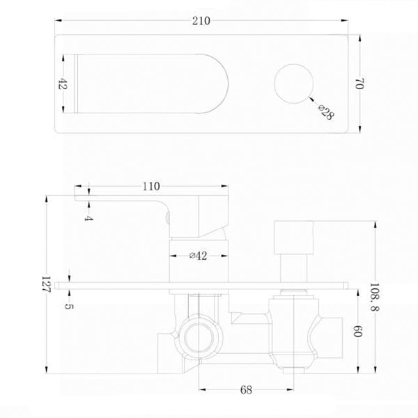 Technical Drawing - Nero Vitra Shower Mixer with Diverter - Brushed Nickel