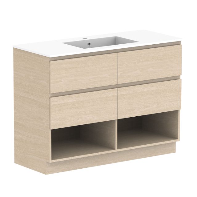 ADP Glacier Lite Shelf Twin Floor Standing Vanity with Cast Marble Top 1200mm Centre Bowl GLLFSW1200WKCCM | The Blue Space