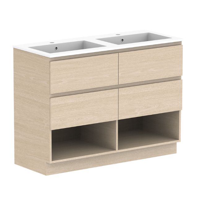 ADP Glacier Lite Shelf Twin Floor Standing Vanity with Cast Marble Top 1200mm Double Bowl GLLFSW1200WKDCM | The Blue Space