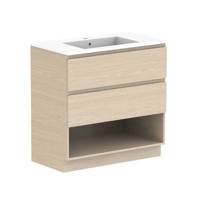 ADP Glacier Lite Shelf Twin Floor Standing Vanity with Cast Marble Top 900mm Centre Bowl GLLFSW0900WKCCM | The Blue Space