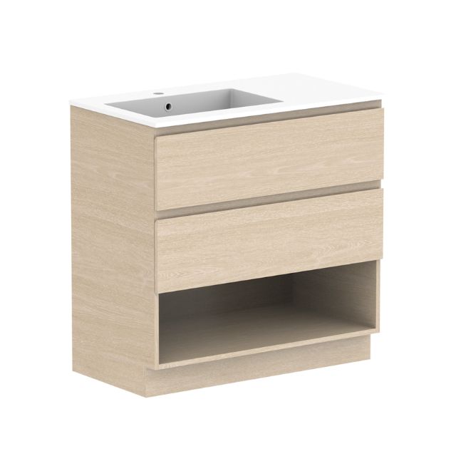 ADP Glacier Lite Shelf Twin Floor Standing Vanity with Cast Marble Top 900mm Left Bowl GLLFSW0900WKLCM | The Blue Space