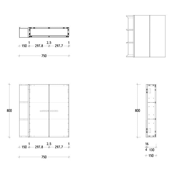 ADP Glacier Lite Single Shelf Shaving Cabinet 750mm Technical Drawing - Online at The Blue Space