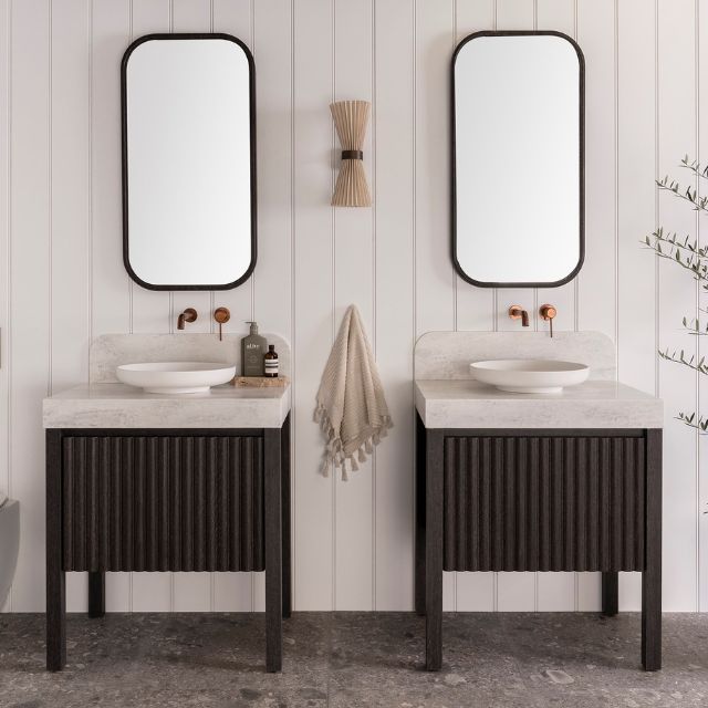 ADP Harper 750 Centre Bowl Vanity With Legs Estella Oak Cabinet Finish Blossoming Durasein benchtop & splash Quinn Mirrored Cabinets Flume basins & Soul Tapware in Brushed Copper HARFAS0750FMCDU | The Blue Space