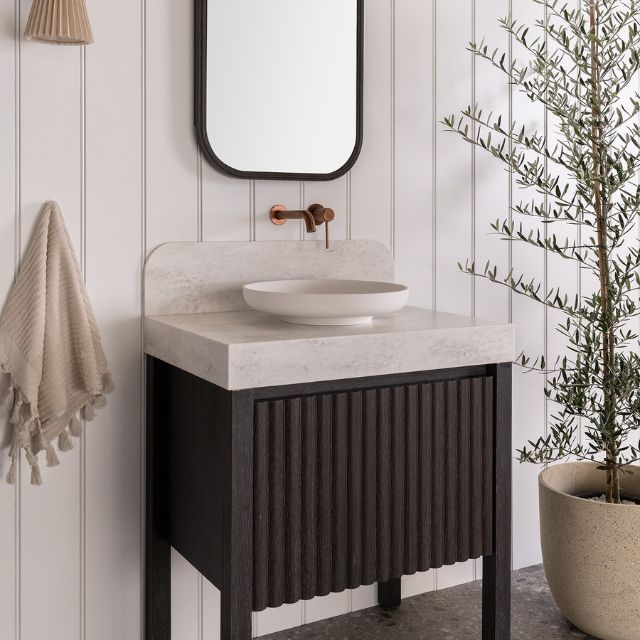 ADP Harper 750 Centre Bowl Vanity With Legs Estella Oak Cabinet Finish Blossoming Durasein benchtop & splash Quinn Mirrored Cabinets Flume basins & Soul Tapware in Brushed Copper HARFAS0750FMCDU | The Blue Space