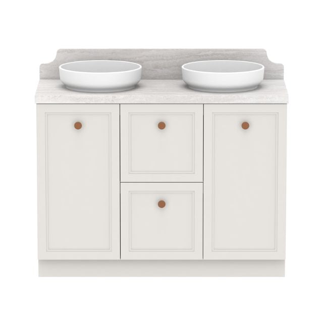 ADP Mabel Floor Standing Vanity With Cherry Pie Premium Solid Surface Benchtop - 1200mm Double Basin MABFCW1200WKDCP | The Blue Space