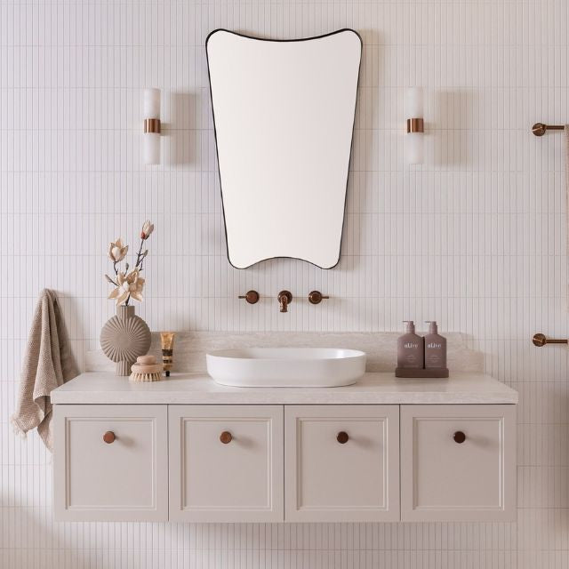 ADP Mabel Full Depth 1500 Centre Bowl, Feather Grey polyurethane cabinet finish, 40mm Grey Travertine Cherry Pie benchtop, Cooper Knobs Brushed Copper, Marilyn Above Counter basin, Matte White, Roma Mirror & Eternal Tapware, Brushed Copper