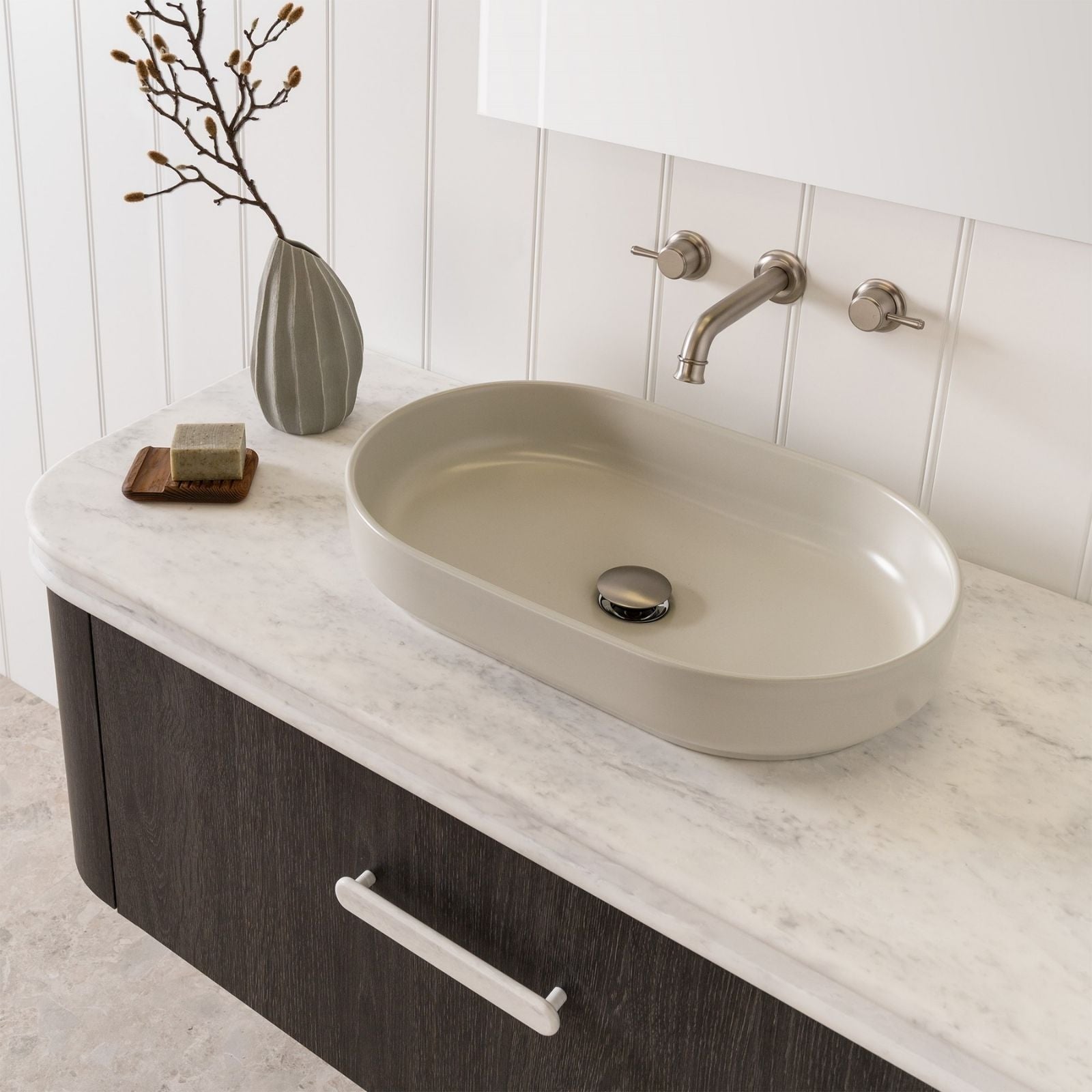 Lifestyle ADP Marilyn 550 x 350 Above Counter Basin Matte Concrete TOPCMAL550MC - The Blue Space