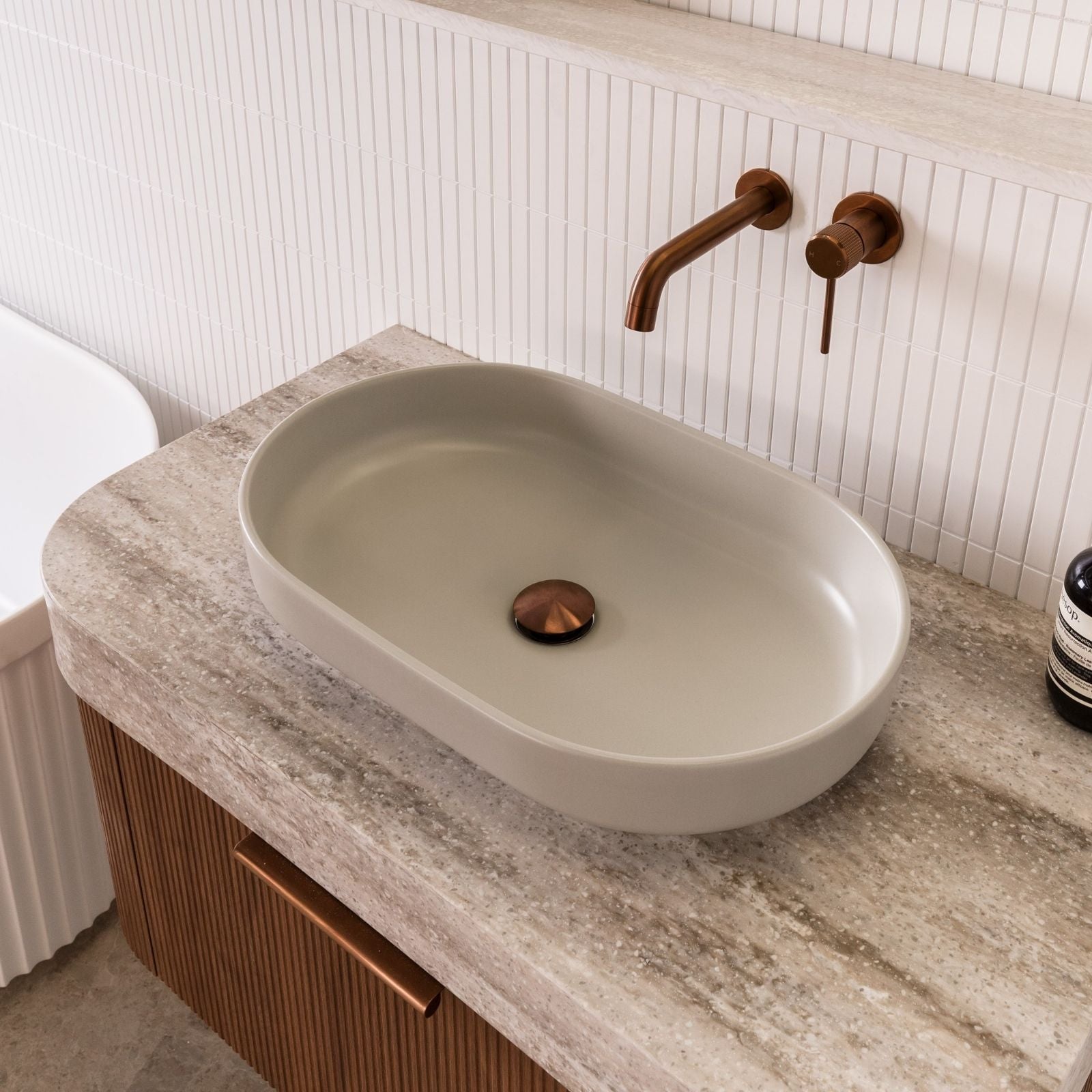 Lifestyle ADP Marilyn 550 x 350 Above Counter Basin Matte Concrete TOPCMAL550MC - The Blue Space