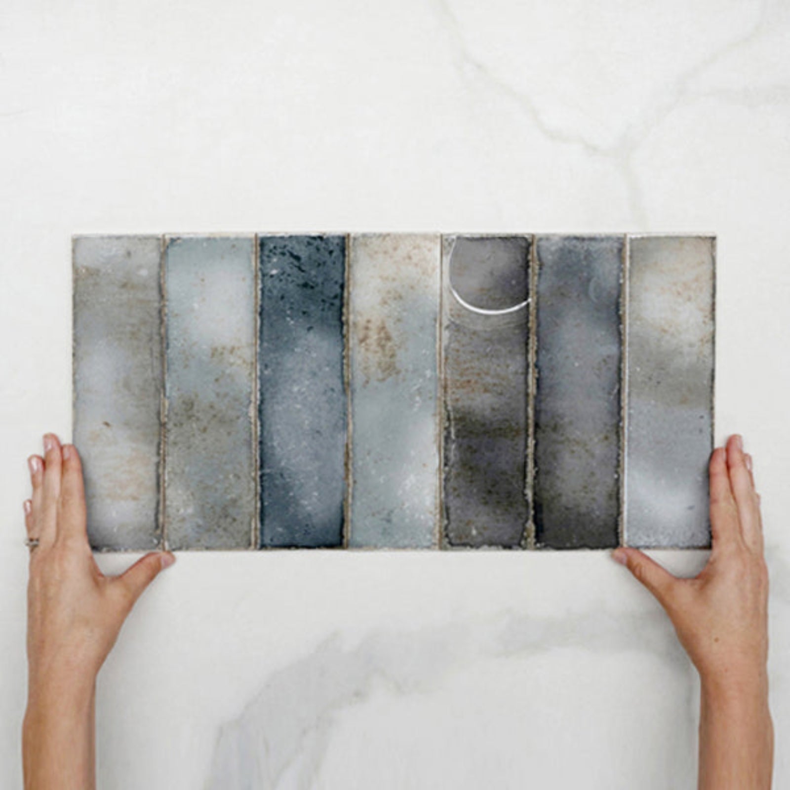Faces With Hand Anthracite Grey Leon Spanish Subway Tile Gloss 69 x 240mm Ceramic - The Blue Space