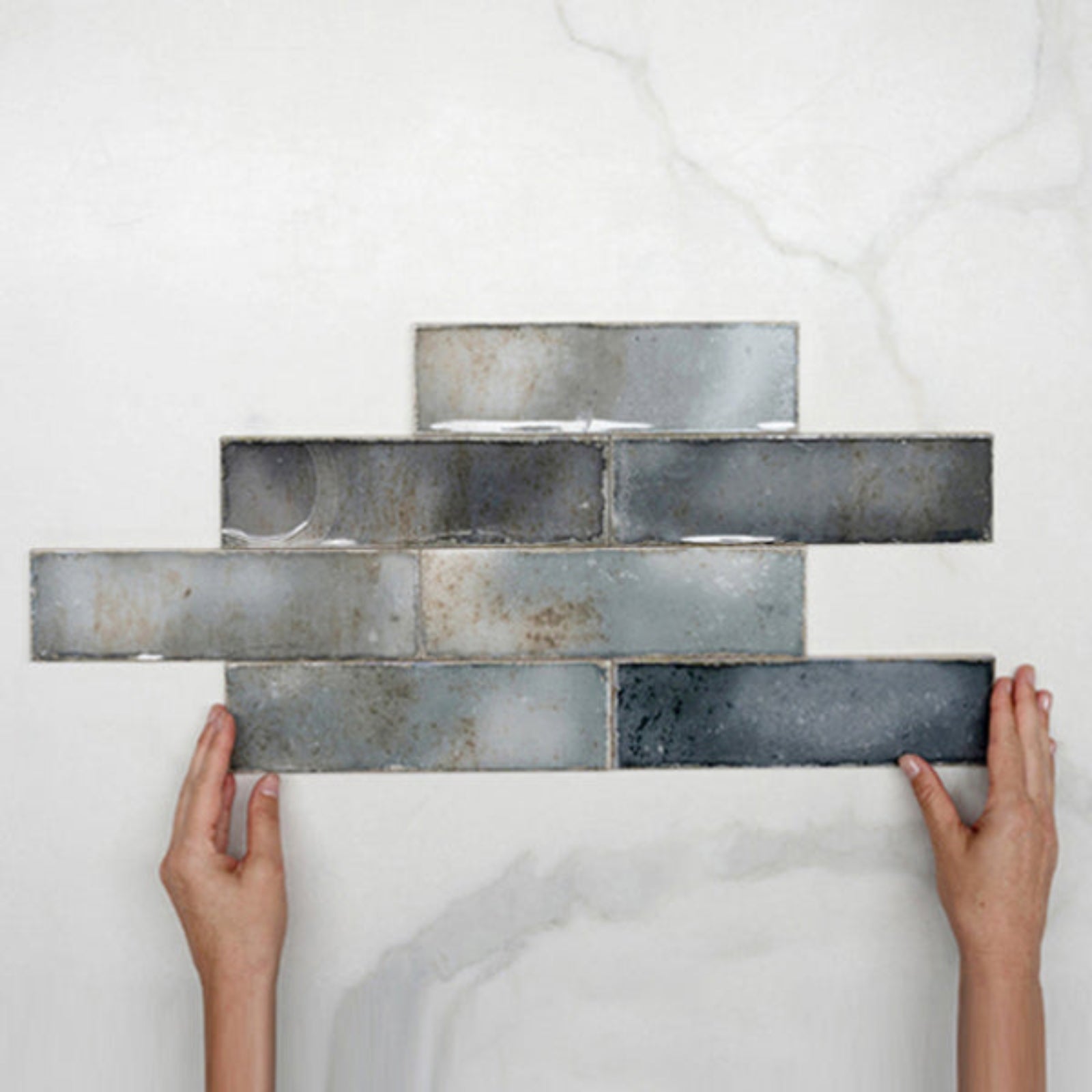 Pattern Lay With Hand Anthracite Grey Leon Spanish Subway Tile Gloss 69 x 240mm Ceramic - The Blue Space