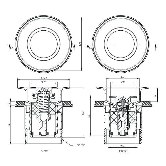 Technical Drawing ART Australia Bath Pop Down® Plug and Waste with Overflow 40mm White 21812.11 - The Blue Space