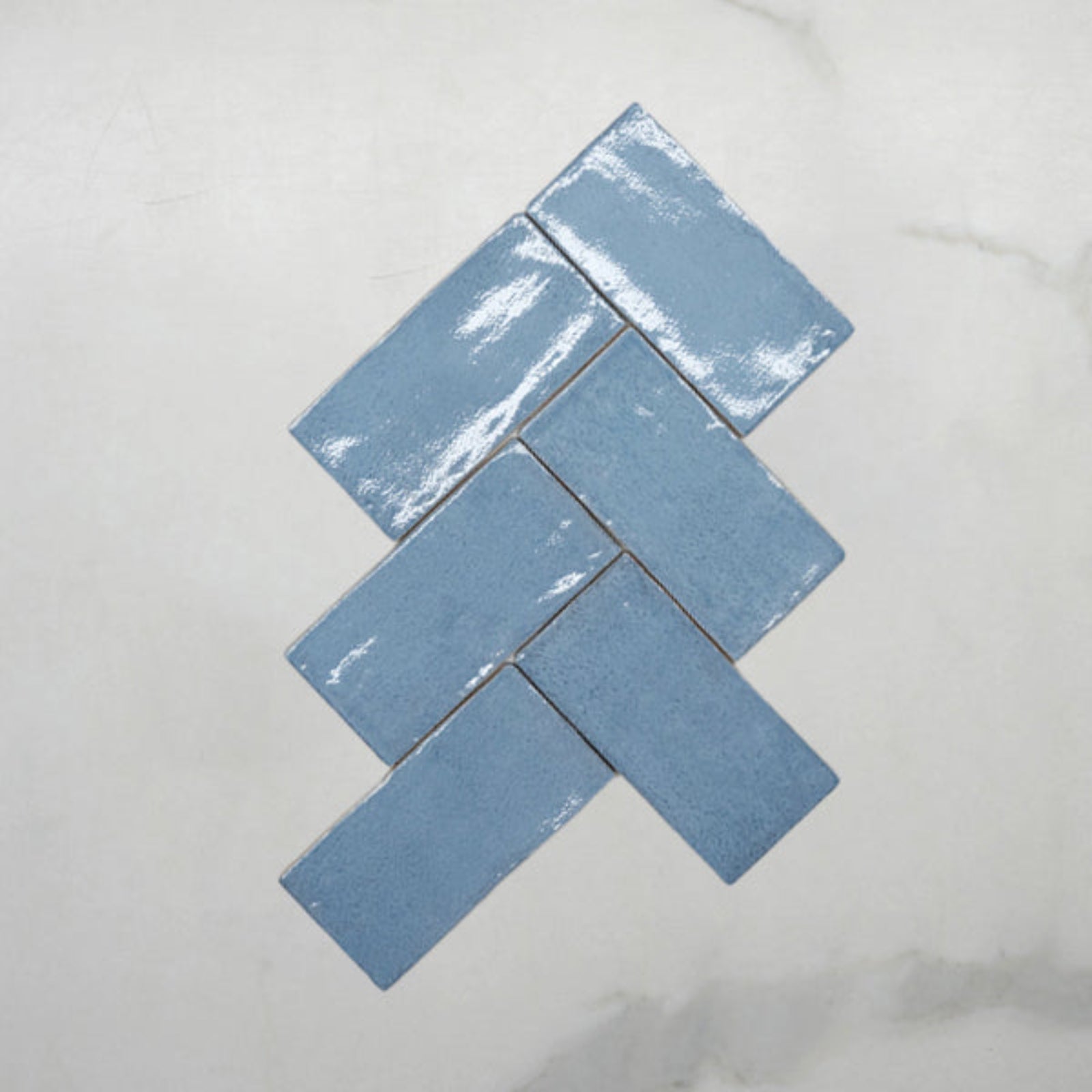 Fishbone No Hand Ash Blue Dianna Hand Made Subway Tile 75 x 150 x 9mm Spanish Ceramic - The Blue Space