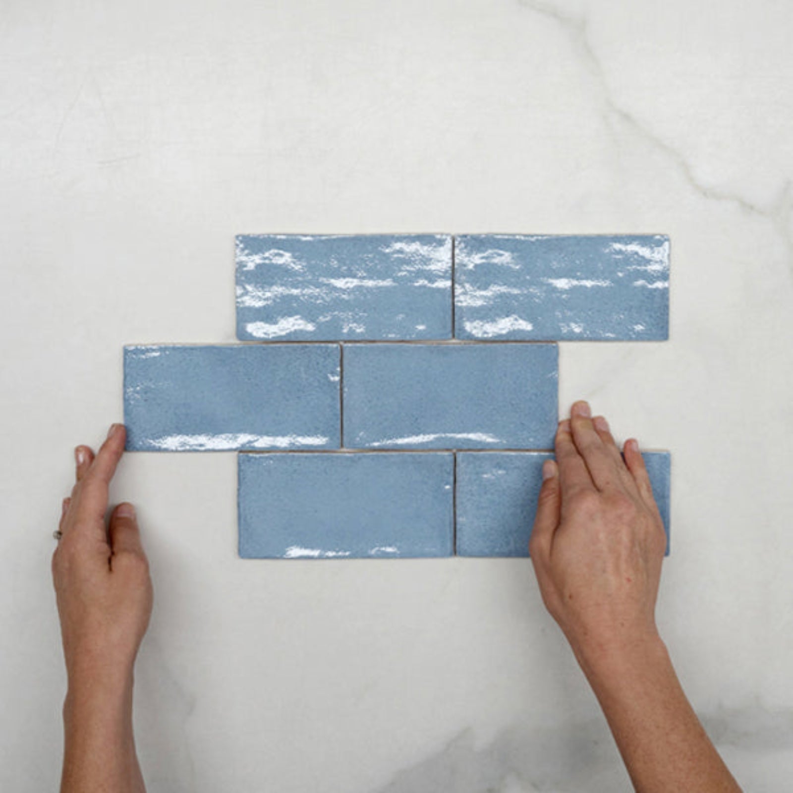 Pattern With Hand Ash Blue Dianna Hand Made Subway Tile 75 x 150 x 9mm Spanish Ceramic - The Blue Space