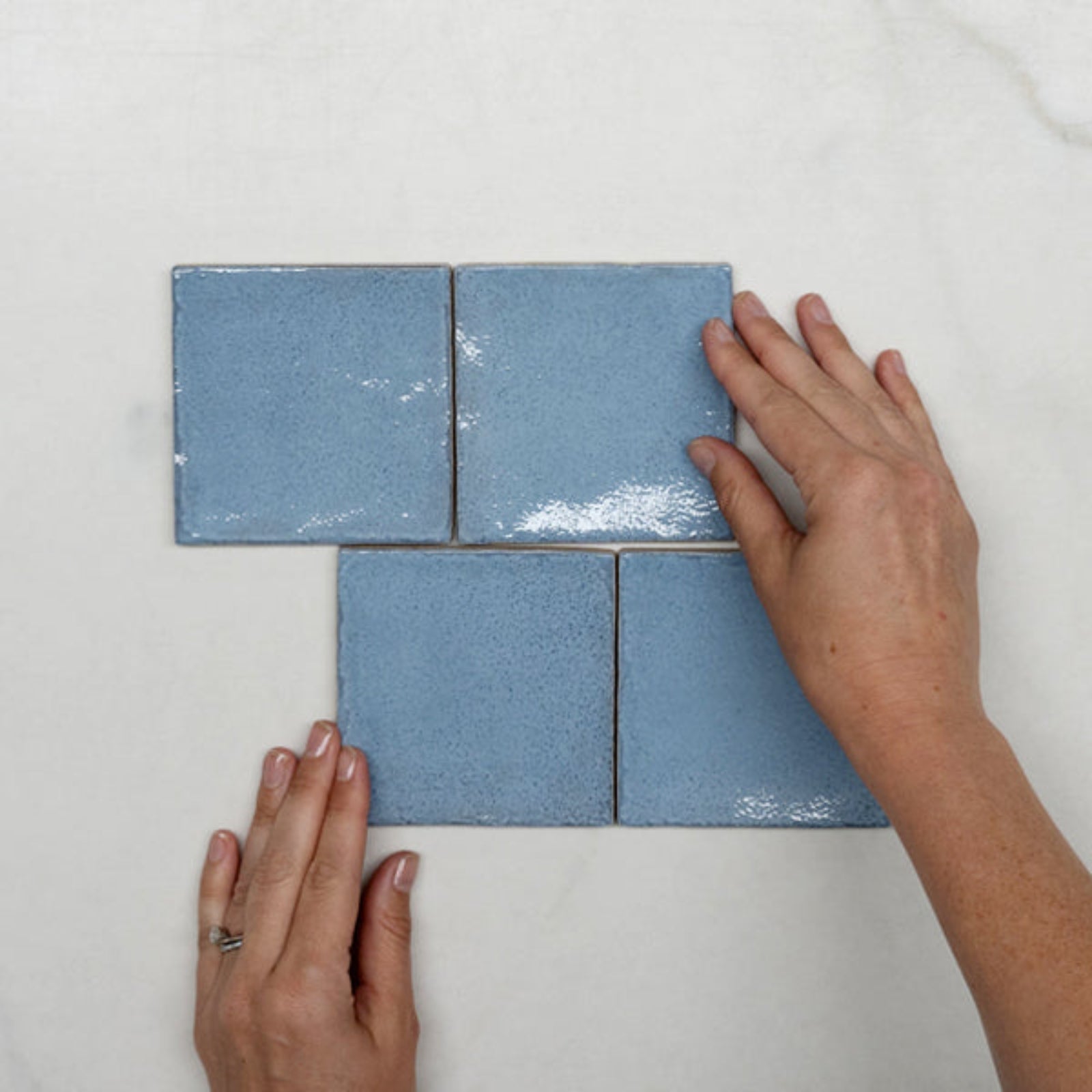 Pattern With Hand Ash Blue Dianna Zellige Tile 100 x 100 x 9mm Spanish Ceramic - The Blue Space