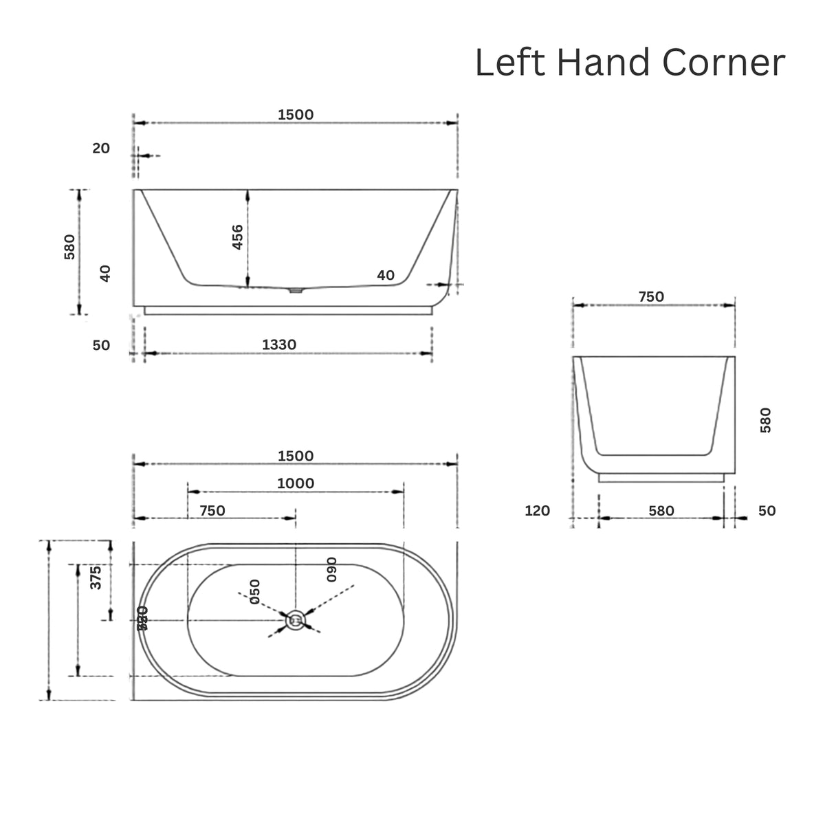 LH Line Drawing Bao Elegant 1500mm Back to Corner Bath BAO200215L - The Blue Space