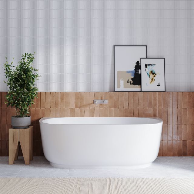 Bao Elegant Back to Wall Bath in a minimalist white bathroom with natural wood accents and matte black tapware.