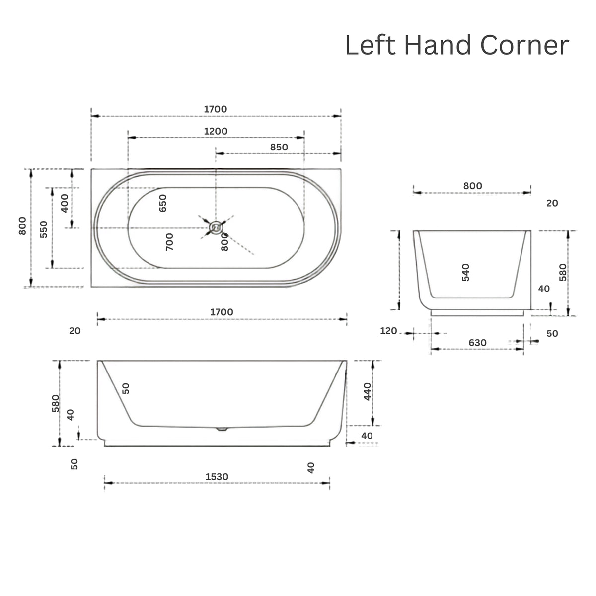 LH Line Drawing Bao Elegant 1700mm Back to Corner Bath BAO200217R - The Blue Space