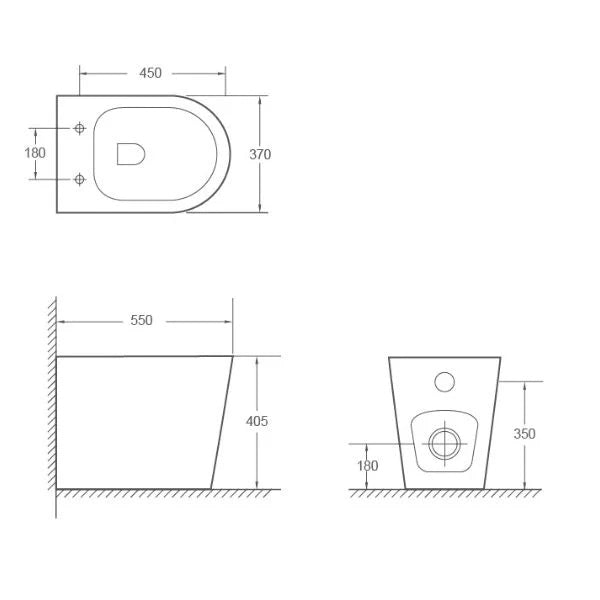 Technical Drawing Bao Elegant Rimless Wall Faced Toilet Pan, Seat, Connector - Matte White BAOWFP10MWUC - The Blue Space