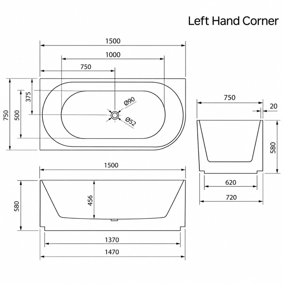 LH Line Drawing Bao Fluted 1500mm Back to Corner Bath - Matte White BAO100215R - The Blue Space