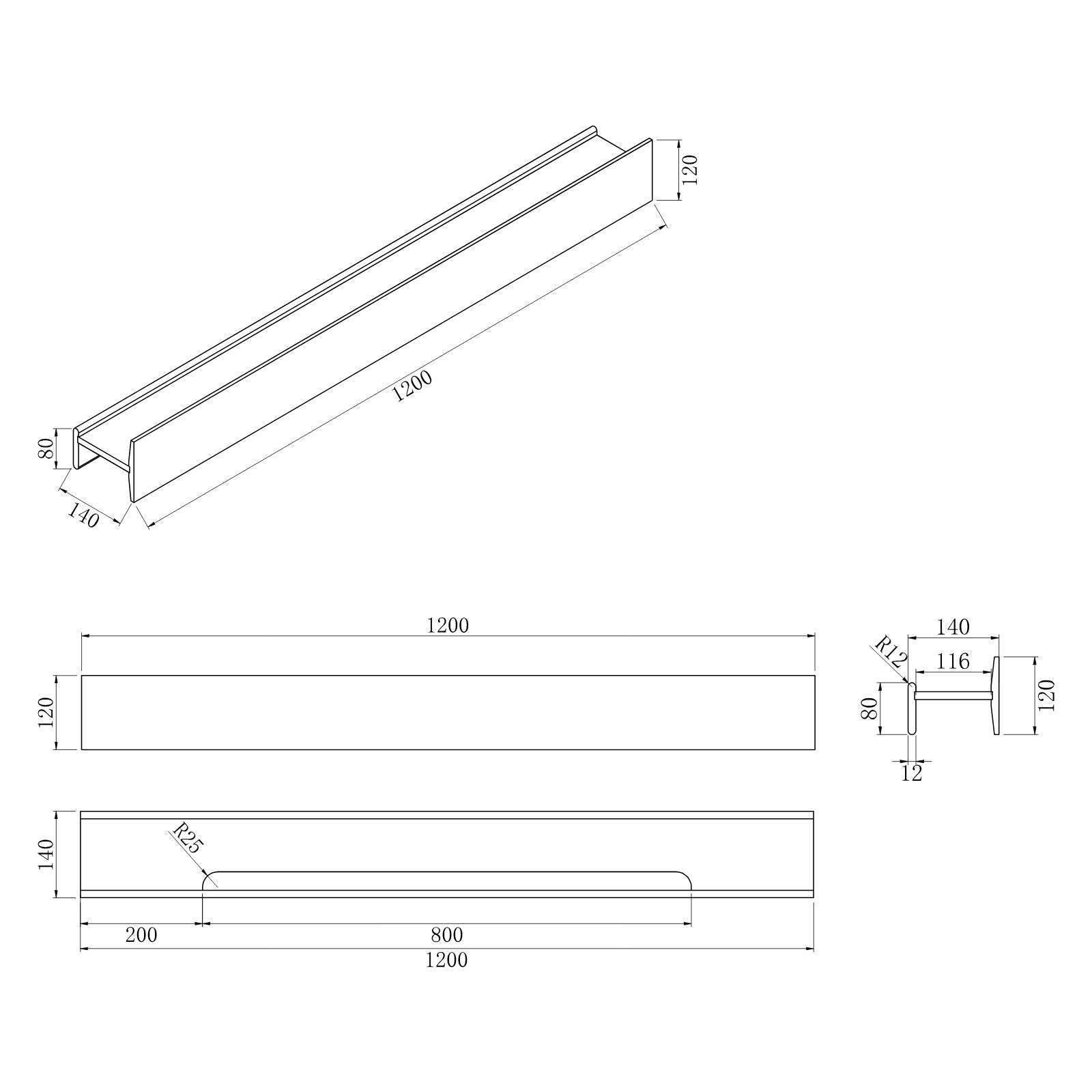 Technical Drawing BelBagno H Collection Shelf 1200 BB-H-1200-MW - The Blue Space