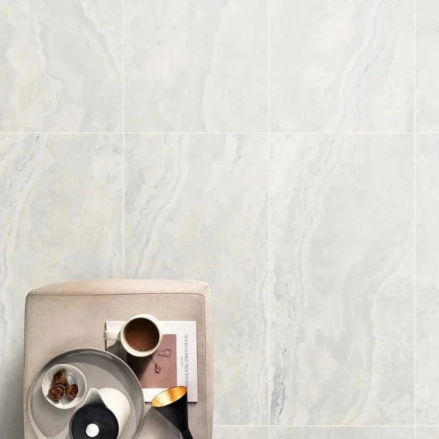 Bianco Ivy Vein Cut Travertine Tile Tech grip 300 x 600 x 10mm Porcelain | The Blue Space