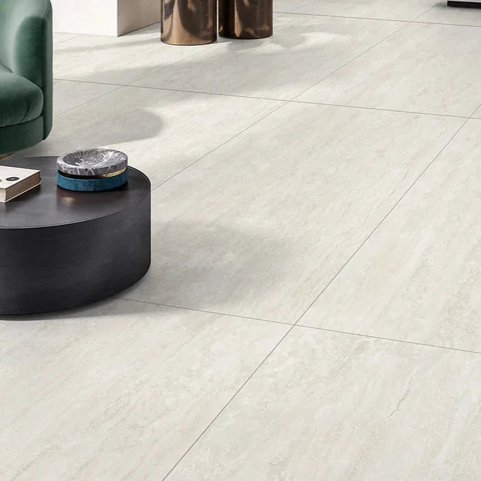 Bianco Josie Cross Cut Travertine Tile Tech grip 600 x 600 x 10mm Porcelain | The Blue Space