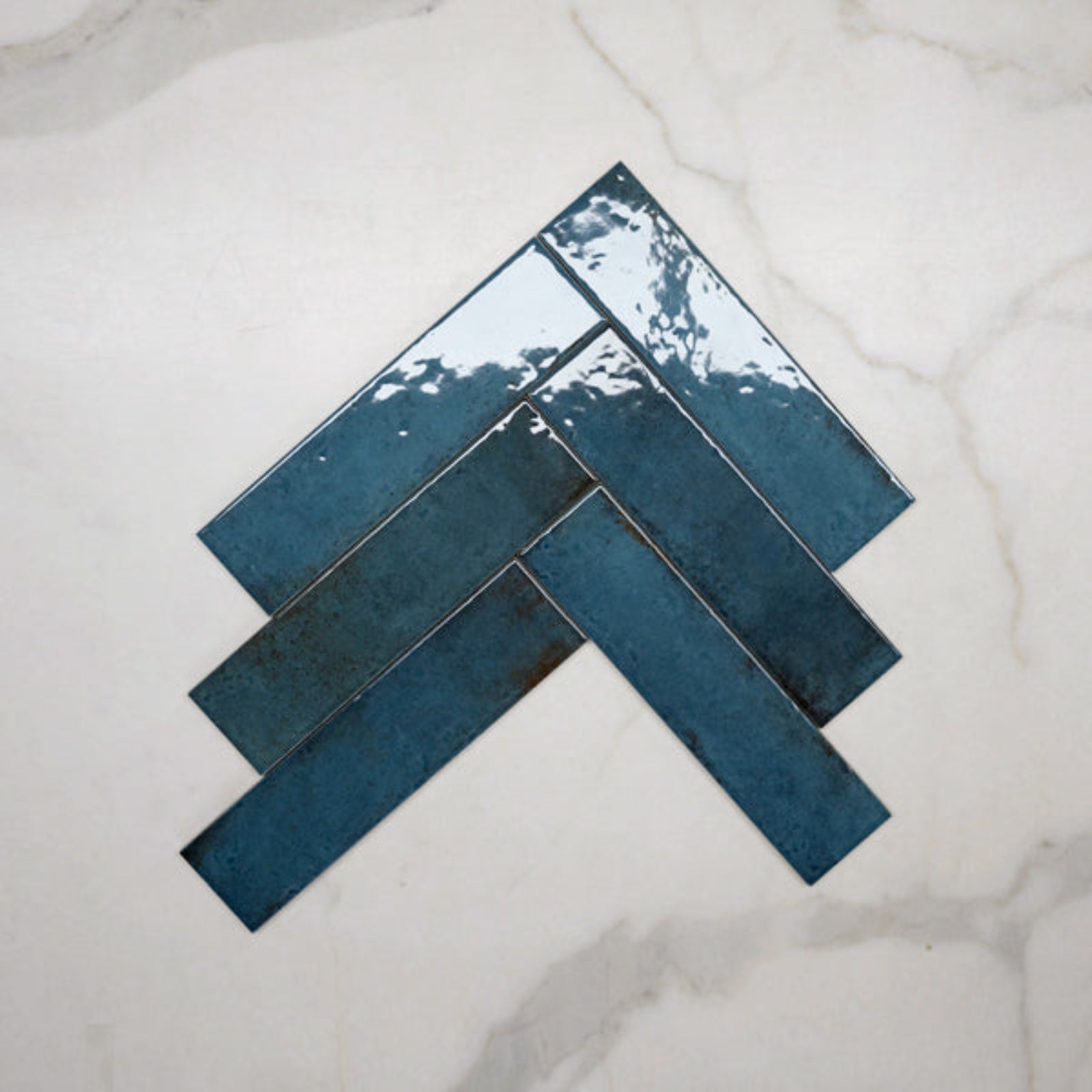 Fishbone Blue Andrea Subway Tile Textural Gloss 75 x 300 x 8mm Italian Porcelain - The Blue Space