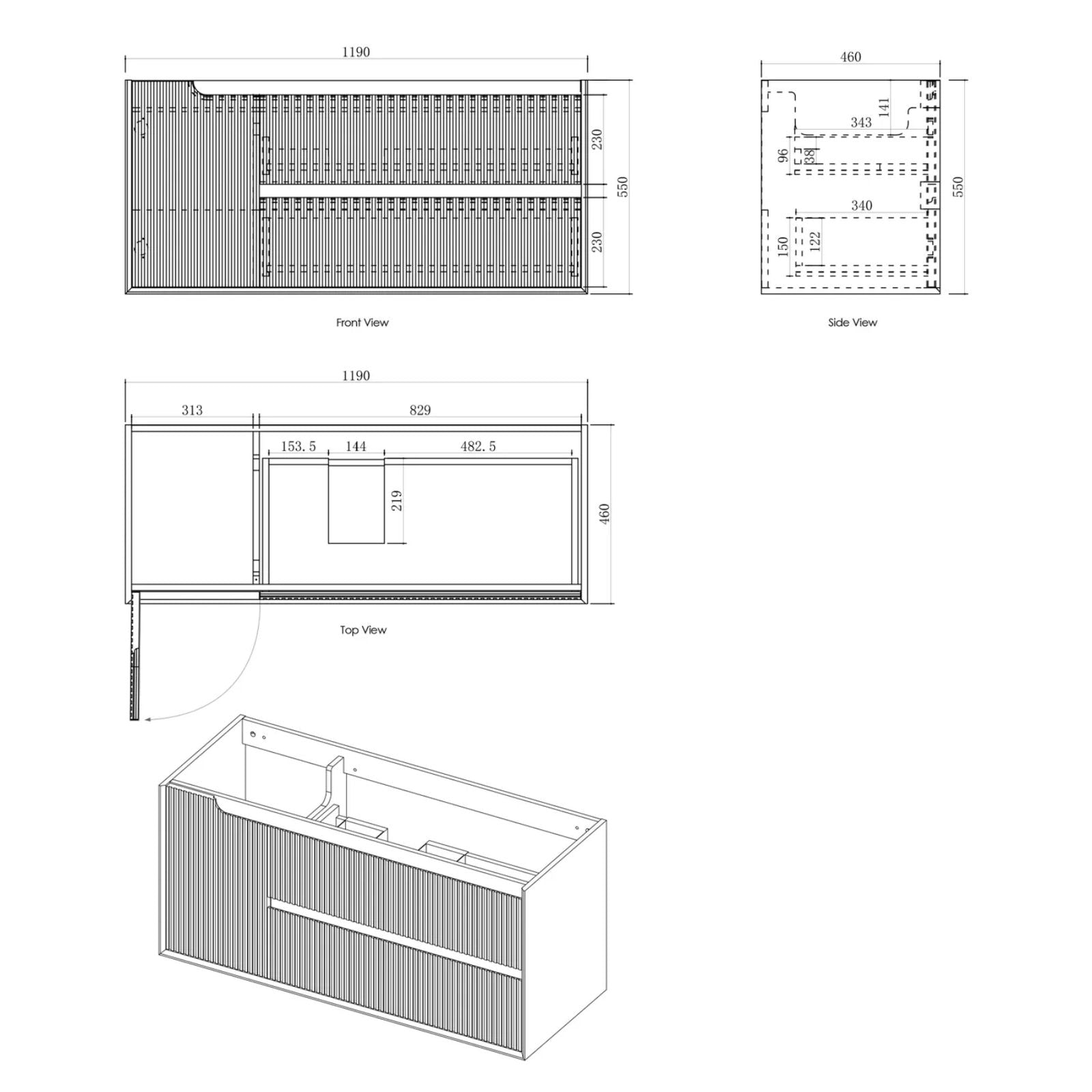 Technical Drawing Byron Fluted Woodland Oak Wall Hung Vanity with Matte White Top 1200mm Centre Bowl Door and Drawers BYW1200LSTUD-MW - The Blue Space
