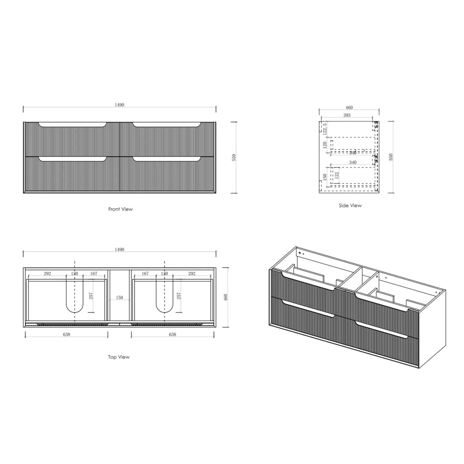 Technical Drawing Byron Fluted Woodland Oak Wall Hung Vanity with Cloudy Carrara Top 1500mm Double Bowl BYW1500LSTUD-CA - The Blue Space