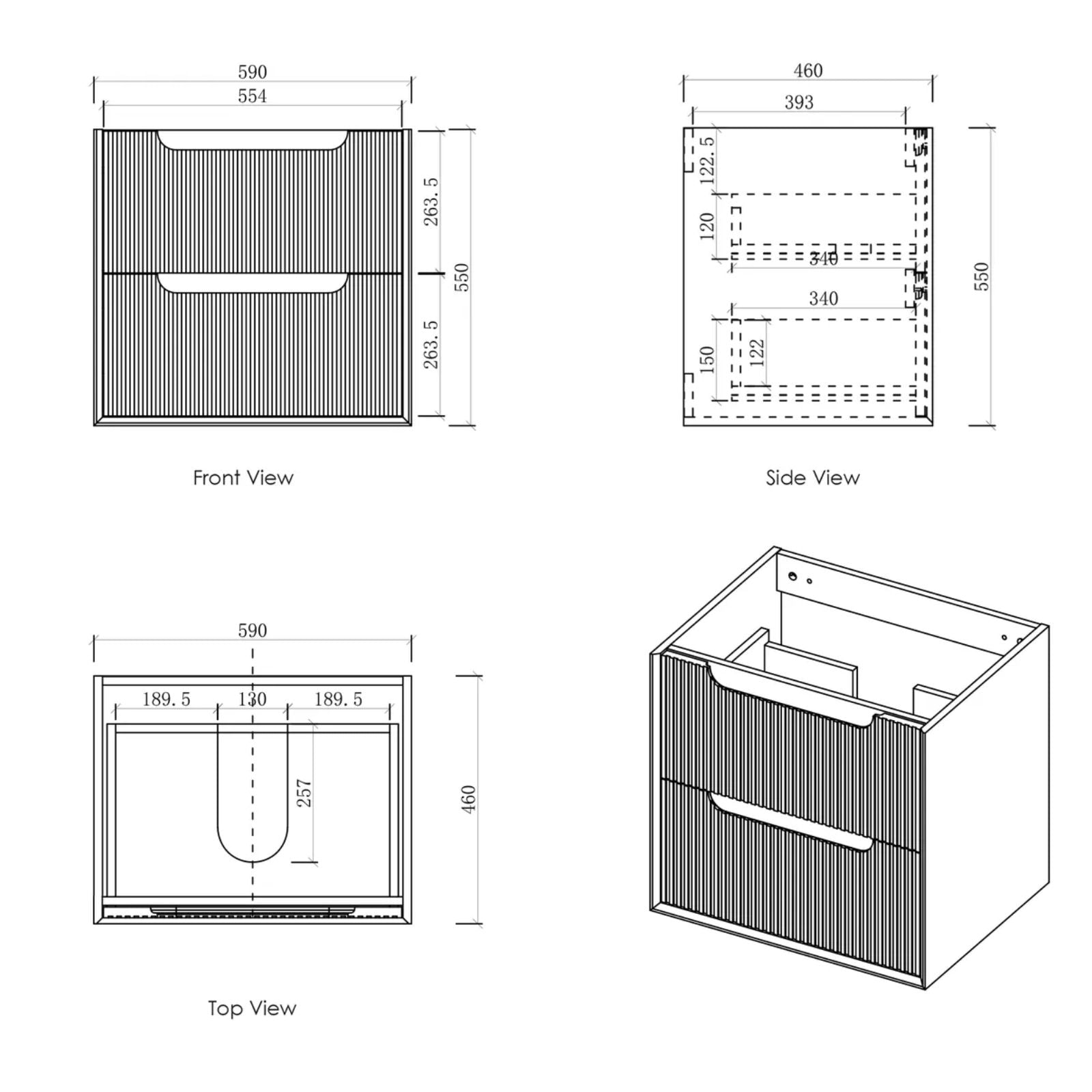 Technical Drawing Byron Fluted Woodland Oak Wall Hung Vanity with Pure White Top 600mm Centre Bowl BYW600LSTUD-PW - The Blue Space