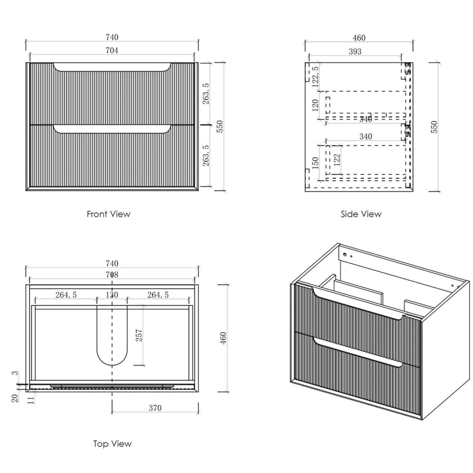 Technical Drawing Byron Fluted Woodland Oak Wall Hung Vanity with Ceramic Top 750mm Centre Bowl BYW750LCT - The Blue Space