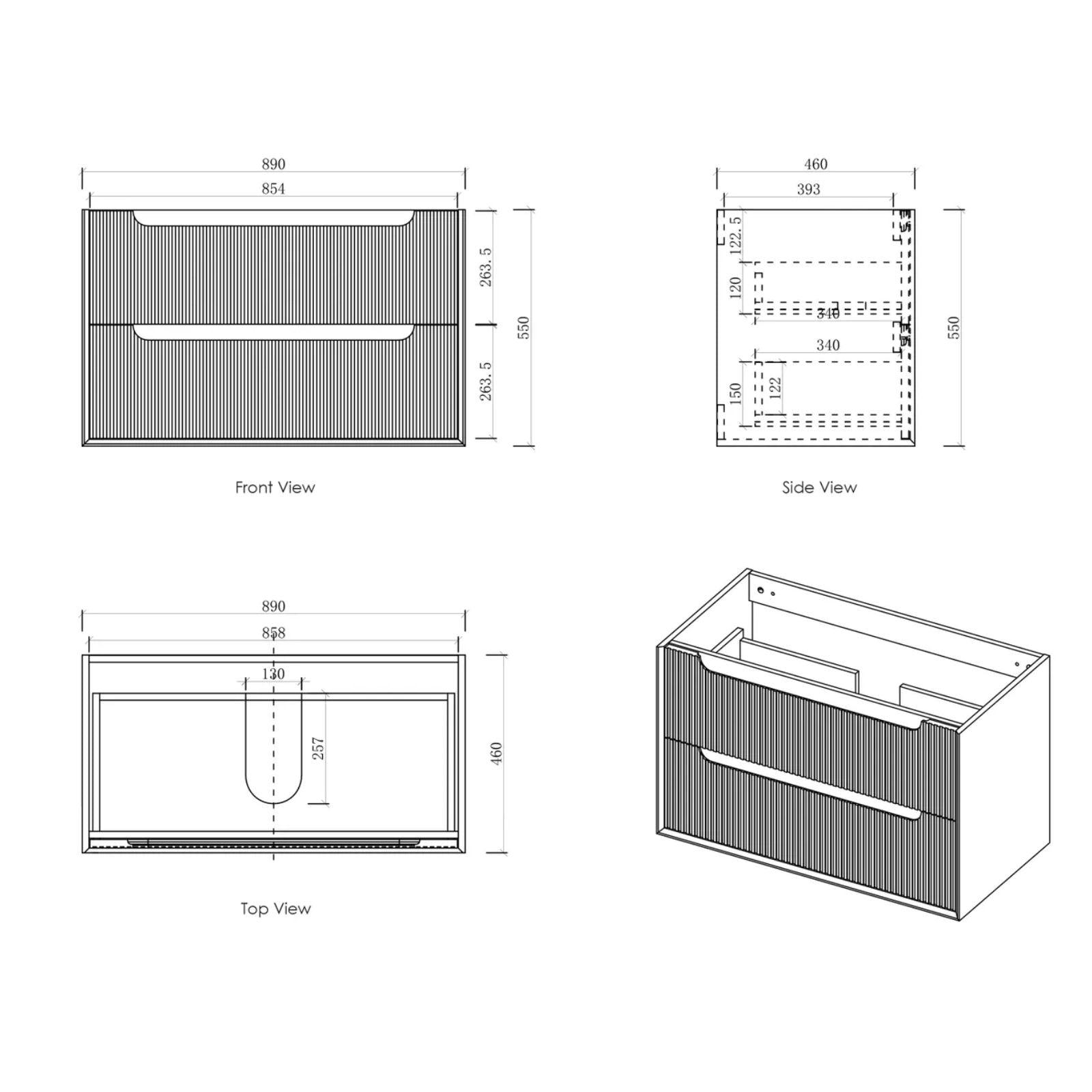 Technical Drawing Byron Fluted Woodland Oak Wall Hung Vanity with Pure White Top 900mm Centre Bowl BYW900LSTUD-PW - The Blue Space