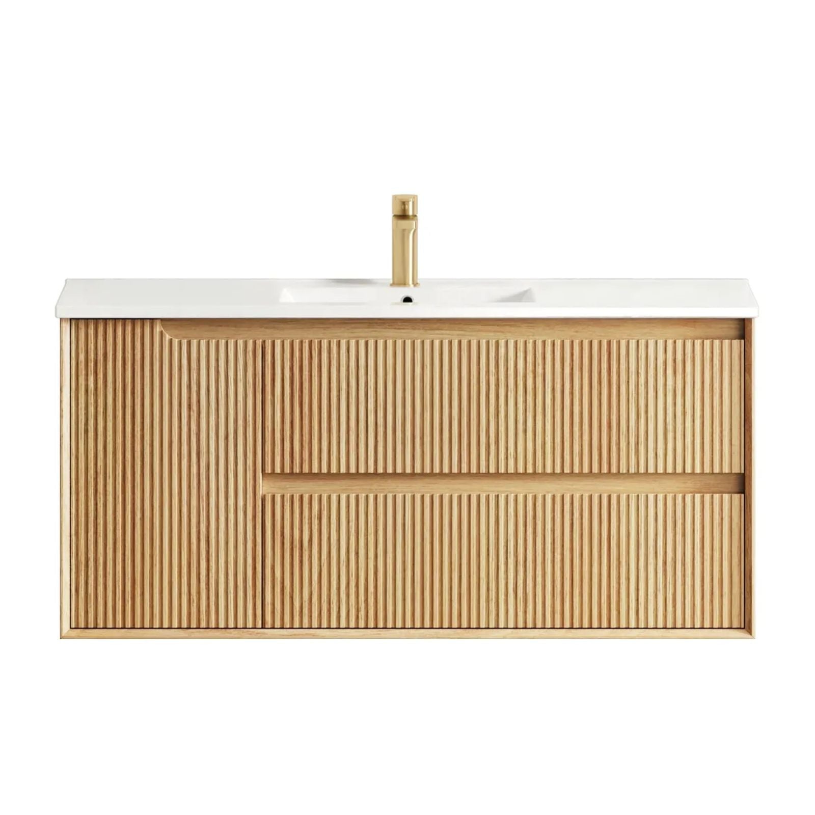 Byron Fluted Woodland Oak Wall Hung Vanity with Ceramic Top 1200mm Double Bowl All Drawers BYW1200L-DCT - The Blue Space