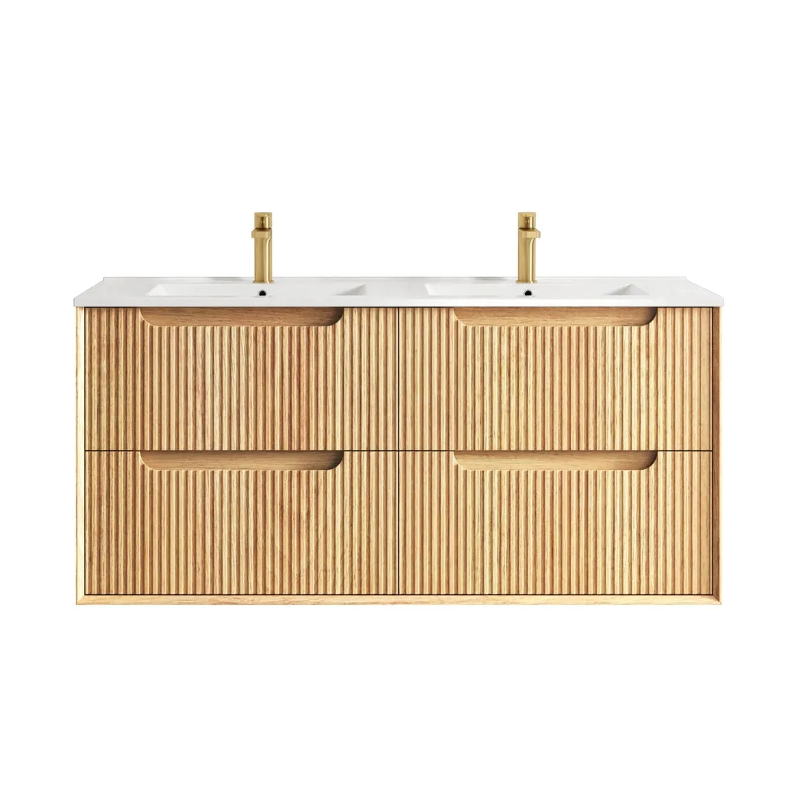 Byron Fluted Woodland Oak Wall Hung Vanity with Ceramic Top 1200mm Centre Bowl Door and Drawers BYW1200LCT - The Blue Space