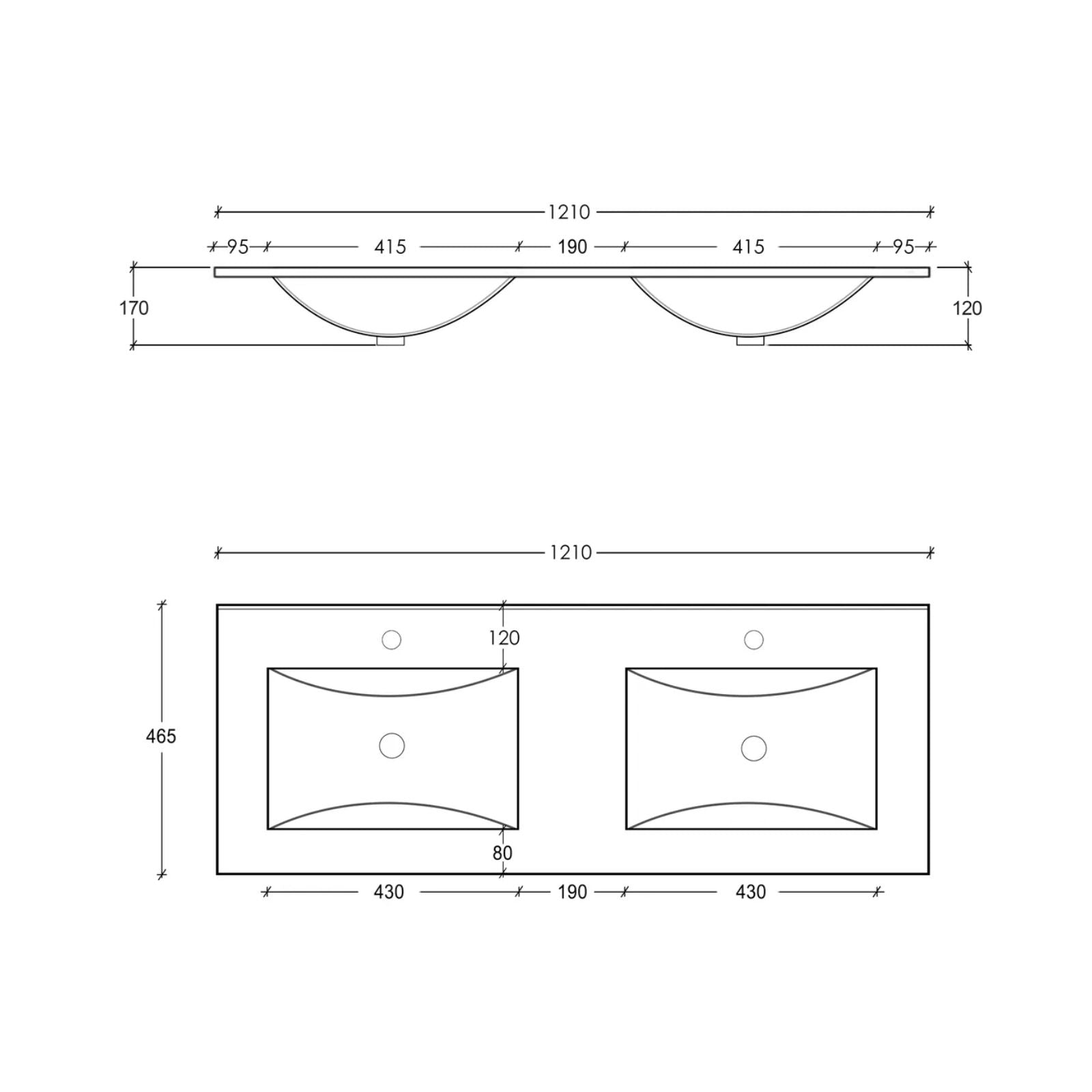 Top Technical Drawing Byron Fluted Woodland Oak Wall Hung Vanity with Ceramic Top 1200mm Double Bowl All Drawers BYW1200L-DCT - The Blue Space