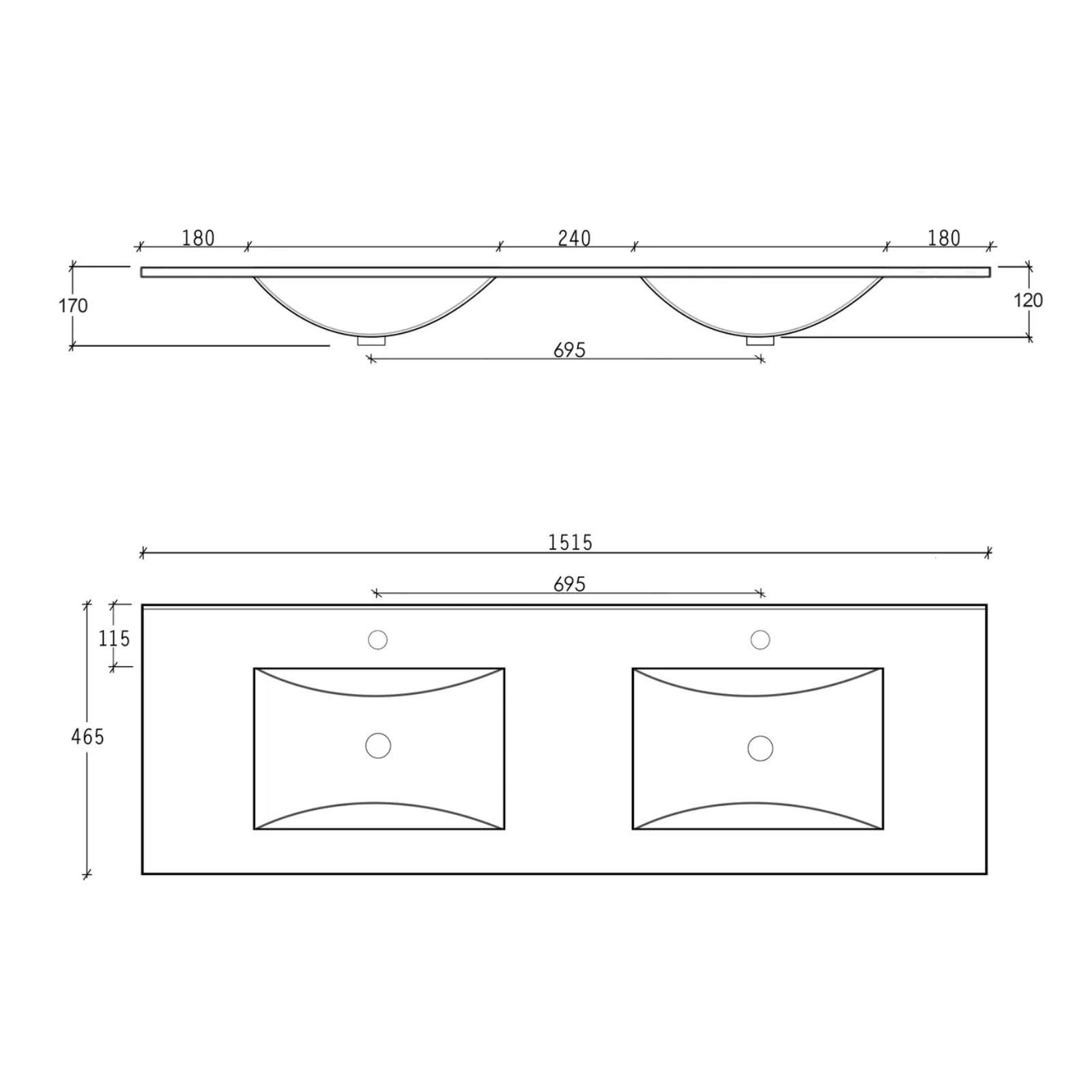 Top Technical Drawing Byron Fluted Woodland Oak Wall Hung Vanity with Ceramic Top 1500mm Double Bowl BYW1500LCT - The Blue Space
