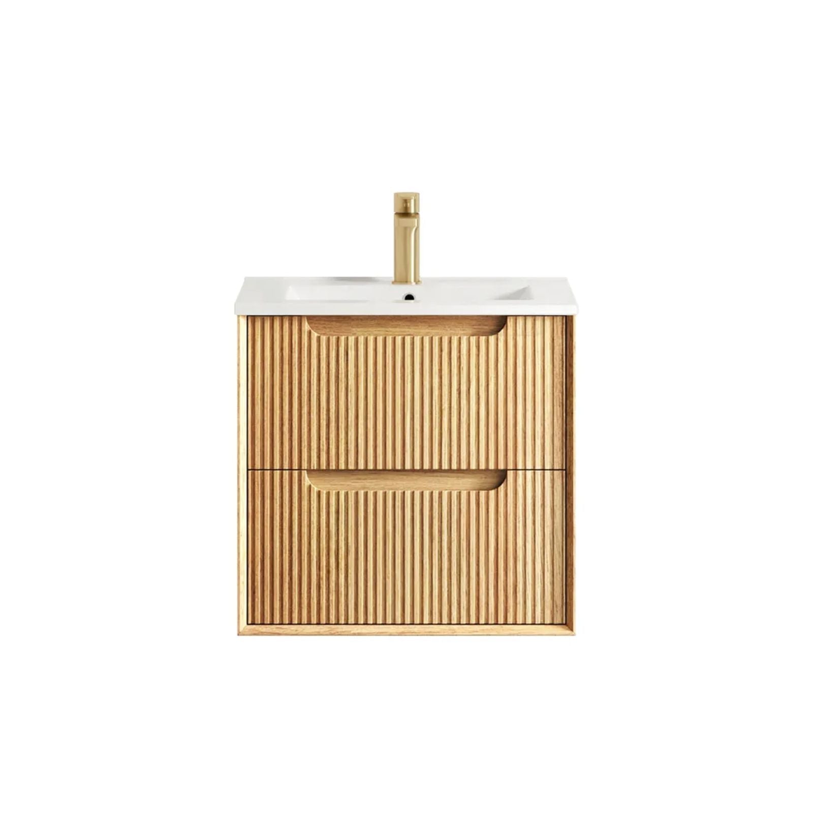 Byron Fluted Woodland Oak Wall Hung Vanity with Ceramic Top 600mm Centre Bowl BYW600LCT - The Blue Space