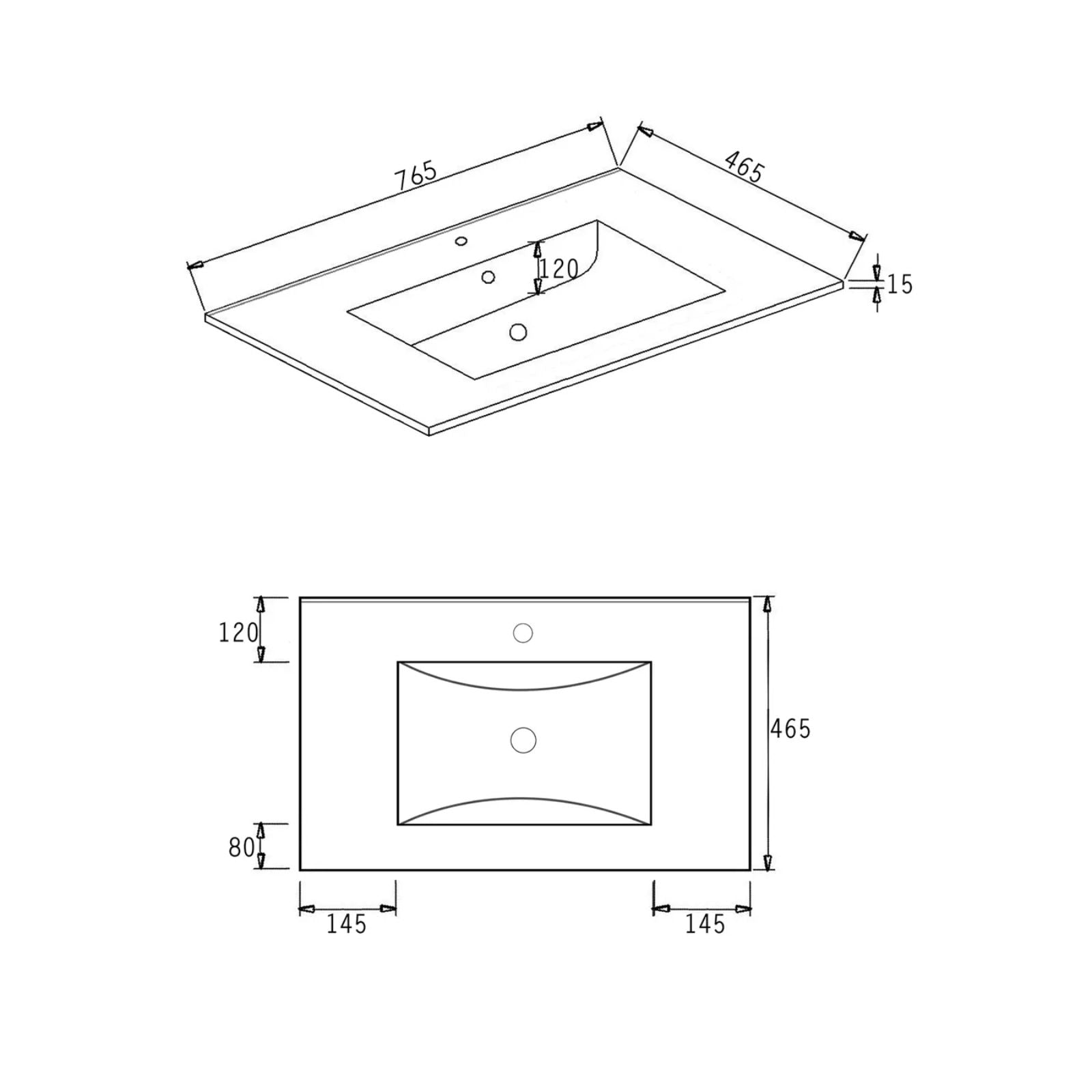 Top Technical Drawing Byron Fluted Woodland Oak Wall Hung Vanity with Ceramic Top 750mm Centre Bowl BYW750LCT - The Blue Space